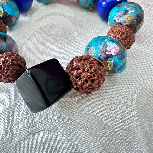 Artisan Blue and Brown Statement Bracelet with hand painted beads 4344 - Picture 3 of 6